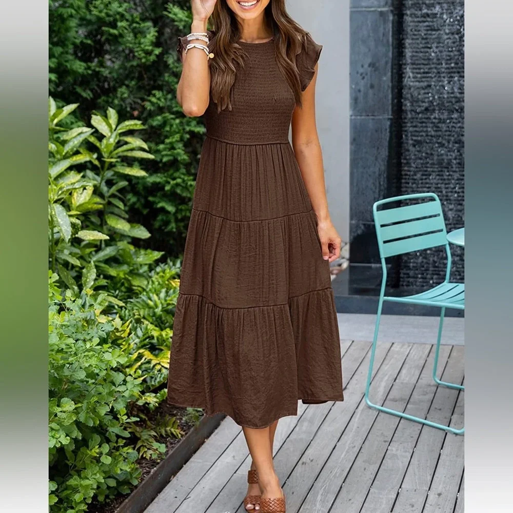 NWTCasual Flutter Short Sleeve Crew Neck Smocked Elastic Waist Tiered Midi Dress - Picture 2 of 6